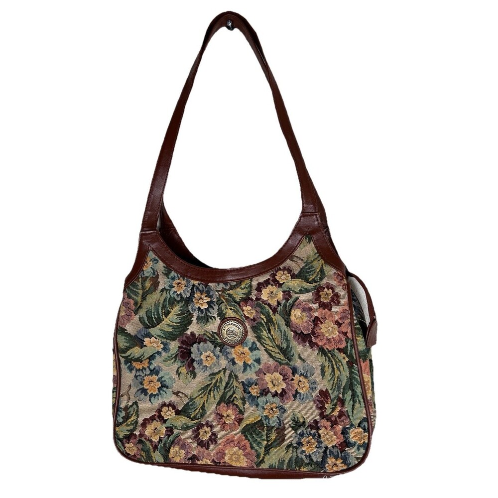 Mitzi Vintage 90's tapestry carpet bag vinyl cream floral shoulder bag purse